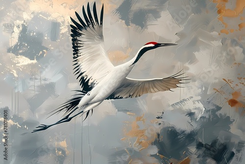 Chinoiserie impressionist  painting features crane flying wall art,  vintage farmhouse decor, digital art print, wallpaper, background 
