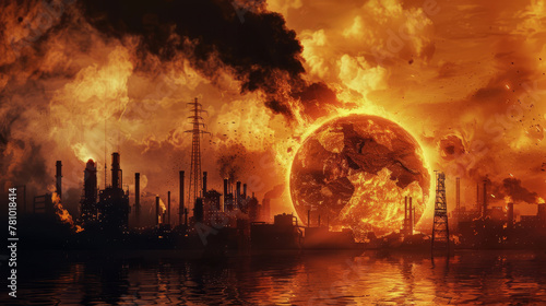 Fototapeta Naklejka Na Ścianę i Meble -  High-resolution image of a globe engulfed in flames, with oil rigs and factories silhouetted against the inferno,