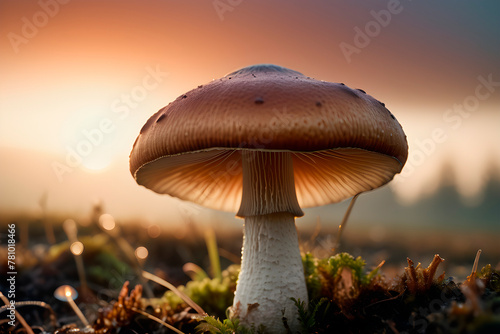 Mushrooms, macro photography photo of mushrooms growing on mossy ground in the wild, lens blurred background in the distance, morning sun shining on the mushrooms, dew, sunlight background material