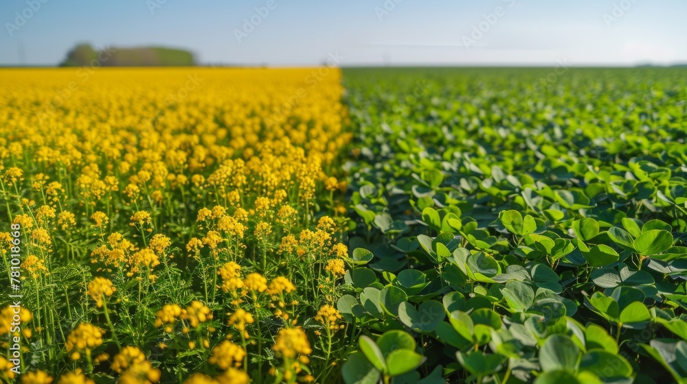 Fototapeta premium A timelapse image of a field transitioning from a vibrant yellow field of seed to a green oasis of clover showcasing the potential of rotational planting in improving soil fertility .
