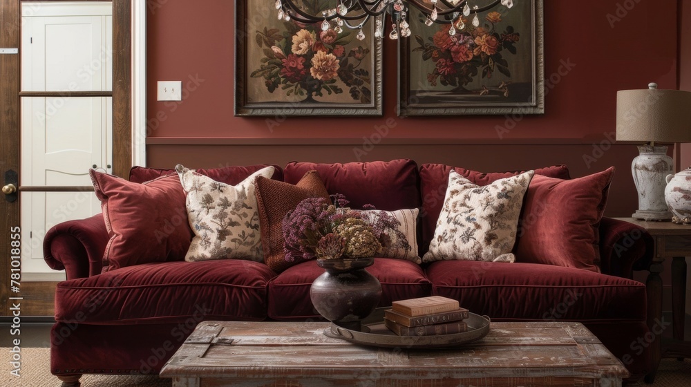 A cozy sitting area features a plush velvet sofa in a rich burgundy color accented with warm throw pillows. The walls are painted in a soft taupe creating a warm and inviting atmosphere. . A cozy sitting area features a plush velvet sofa in a rich burgundy color accented with warm throw pillows. The walls are painted in a soft taupe creating a warm and inviting atmosphere. .