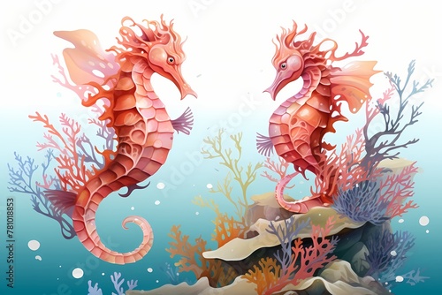 Whimsical sea dragons gliding through vibrant coral reefs, isolated on white solid background