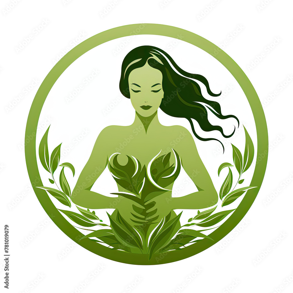 A logo of a woman with a green body and green leaves within a circle