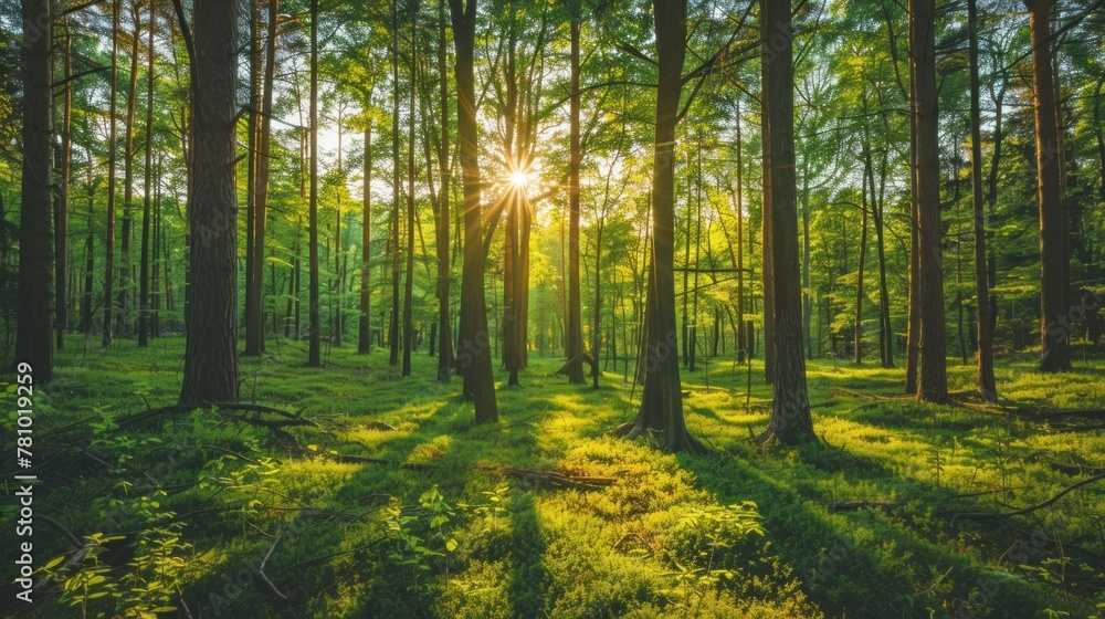 Obraz premium A lush green forest bathed in soft sunlight, with tall trees stretching towards the sky.
