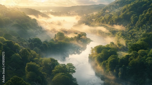 A mist-covered river valley at sunrise, with verdant hillsides bathed in soft golden light.