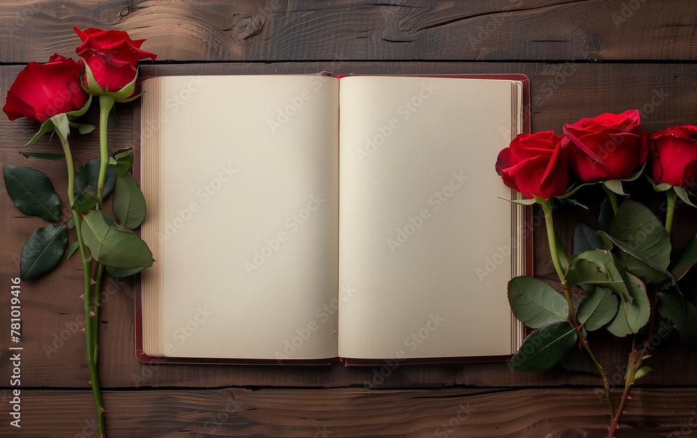 red roses laying next to an open vintage notebook with copy space.