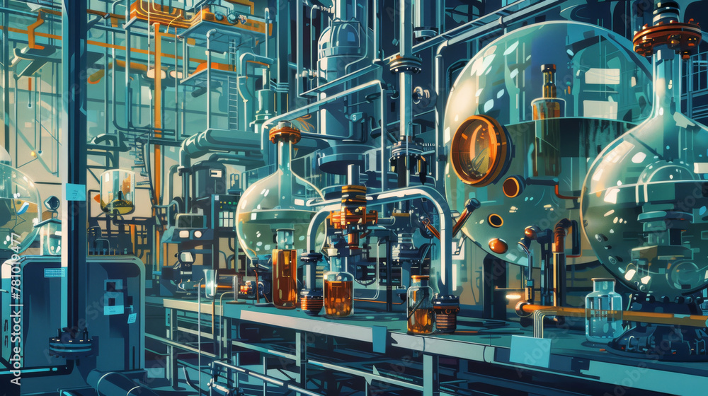 Illustration of a petrochemical lab, where new products are innovated from oil and gas compounds,