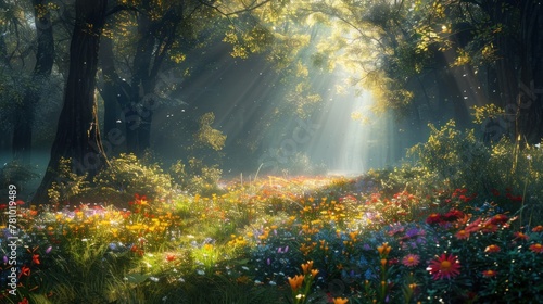 Wallpaper Mural A misty forest clearing, with sunlight filtering through the canopy to illuminate a patch of vibrant wildflowers. Torontodigital.ca