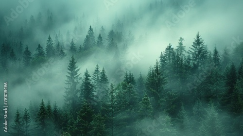 A misty morning in the mountains  where emerald-green pine trees emerge from the fog.