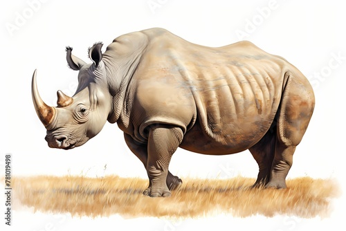 Stately rhinoceros  horn prominent and powerful  grazing in an open savannah  isolated on white solid background