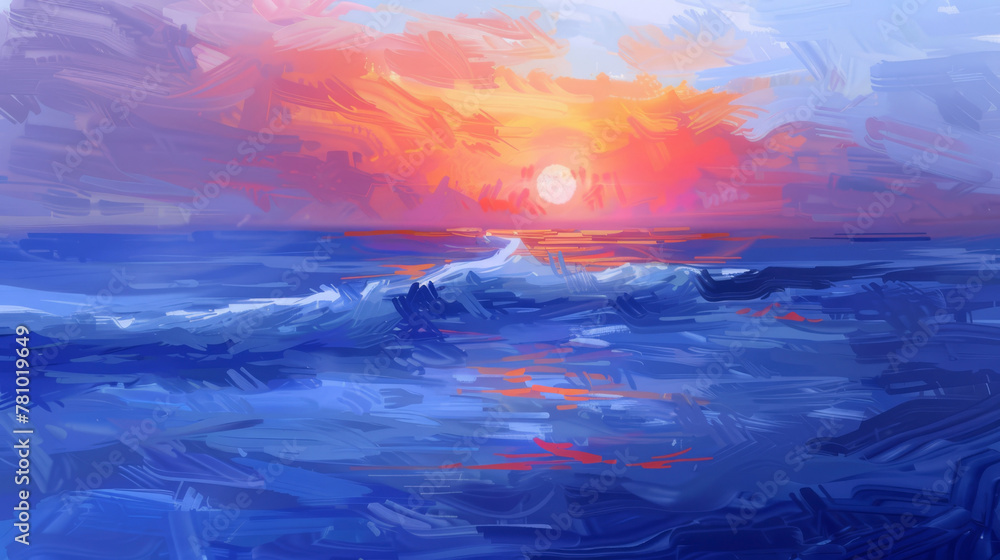 Impressionist sunrise over the ocean, made entirely of bold, sweeping brushstrokes,