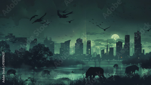 Illustration of wildlife fleeing from dark  encroaching urban sprawl and deforestation  seeking refuge in shrinking habitats 