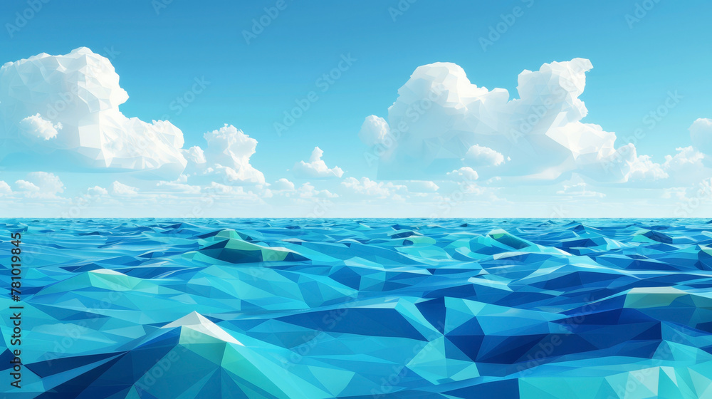 Low poly geometric oceanscape, with a seamless blend of water and sky in polygonal form,