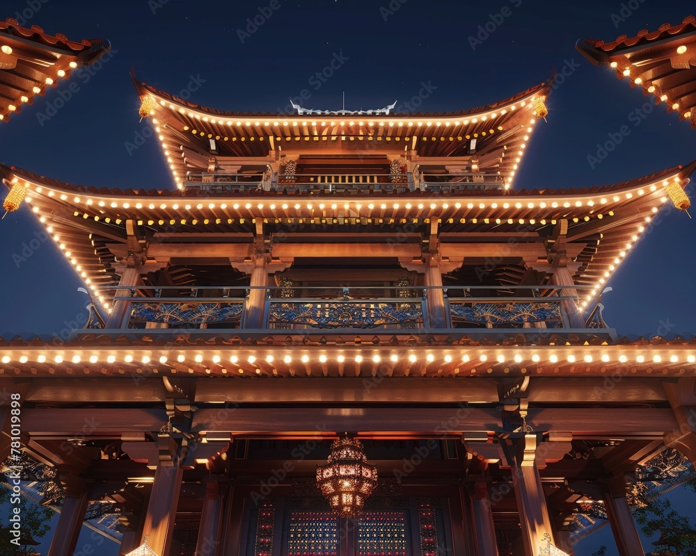 Historic pagoda, festival lights, early night, wide shot, from below, cultural richness Historic pagoda, festival lights, early night, wide shot, from below, cultural richness