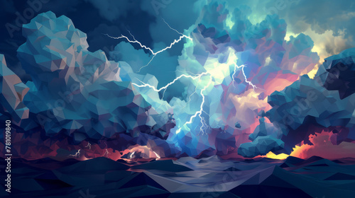 Low poly geometric thunderstorm  with lightning bolts cutting through dark  polygonal clouds 