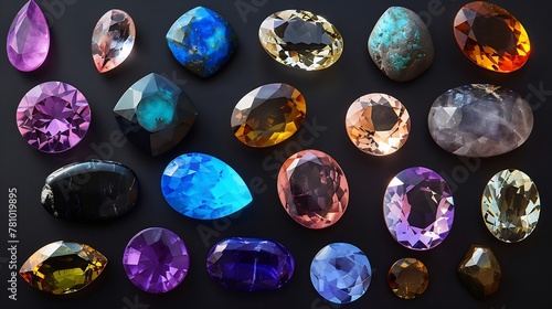 Generative AI : Jewel or gems on black shine color, Collection of many different natural gemstones amethyst