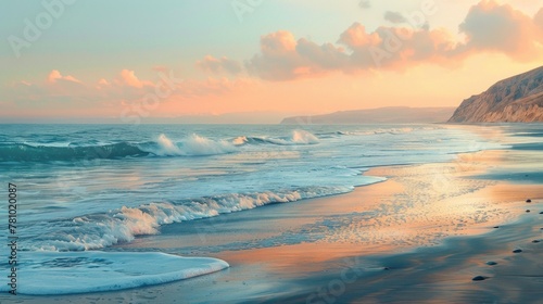 A serene beach at dawn, with pastel hues painting the sky and gentle waves lapping the shore.
