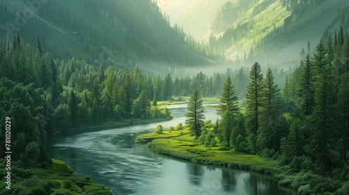 A serene river winding through a verdant valley, flanked by towering trees in various shades of green. photo