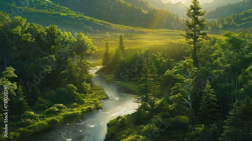 A serene river winding through a verdant valley, flanked by towering trees in various shades of green.