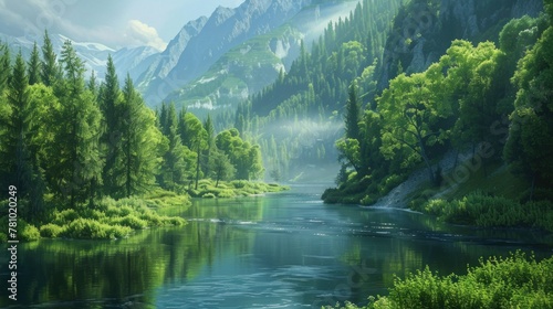 A serene river winding through a verdant valley  flanked by towering trees in various shades of green.