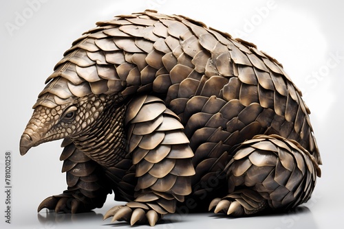 Curled up armadillo in a defensive pose, armor-like scales captured in exquisite detail, isolated on white solid background © Hunny