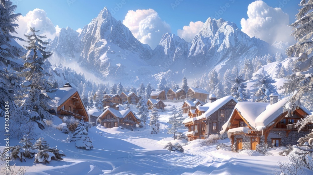 A snowy alpine village nestled among snow-covered peaks, with cozy cottages adorned in white.
