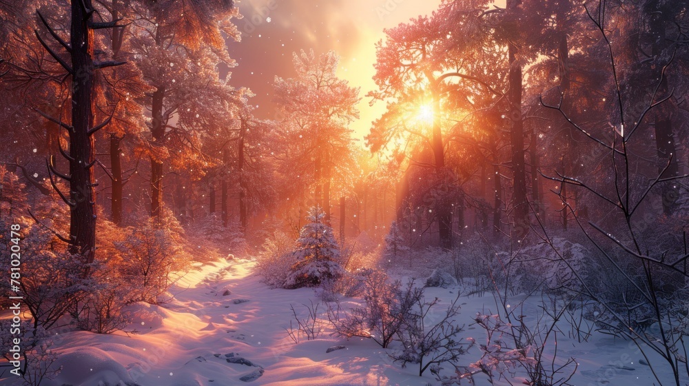 A snowy forest at dusk, where the last rays of sunlight illuminate the frost-covered branches. A snowy forest at dusk, where the last rays of sunlight illuminate the frost-covered branches.