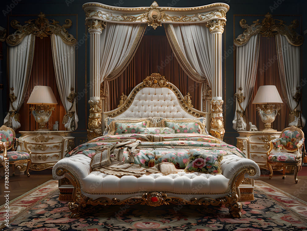 gold bedroom features a large bed with intricate gold carvings, surrounded by gold framed paintings on the walls. gold bedroom features a large bed with intricate gold carvings, surrounded by gold framed paintings on the walls.
