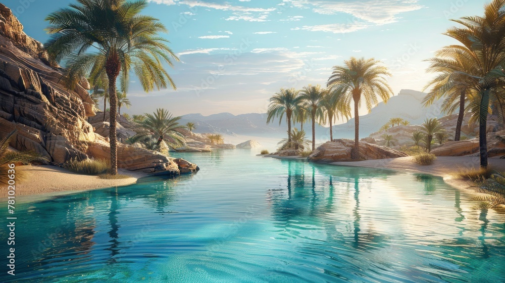 A tranquil desert oasis, with palm trees swaying in the gentle breeze beside a calm, turquoise pool. A tranquil desert oasis, with palm trees swaying in the gentle breeze beside a calm, turquoise pool.