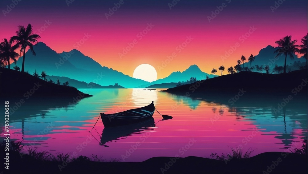 Simple landscape with dark silhouette of A Boat on lake at sunset on a colorful gradient background