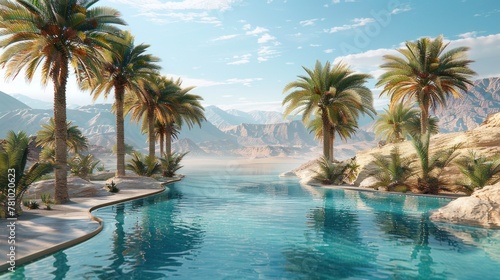 A tranquil desert oasis, with palm trees swaying in the gentle breeze beside a calm, turquoise pool.