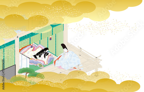 逢瀬する袿姿の女性と直衣の男性の吹抜屋台風の絵巻イメージイラスト
