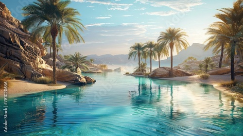 A tranquil desert oasis  with palm trees swaying in the gentle breeze beside a calm  turquoise pool.