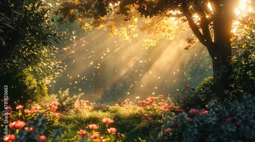 A tranquil garden bathed in golden sunlight  with verdant foliage and delicate blossoms in bloom.