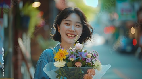 happy korean woman greeting with flower boquet. generative AI