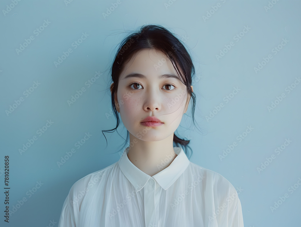 .清純な眼差し、青い背景に浮かぶアジア人女性. .清純な眼差し、青い背景に浮かぶアジア人女性.
