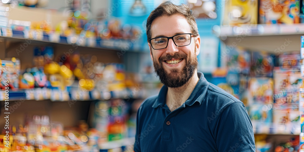 portrait of a smiling male business owner standing in his toy store, generative AI