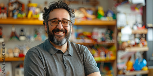 portrait of a smiling male business owner standing in his toy store, generative AI