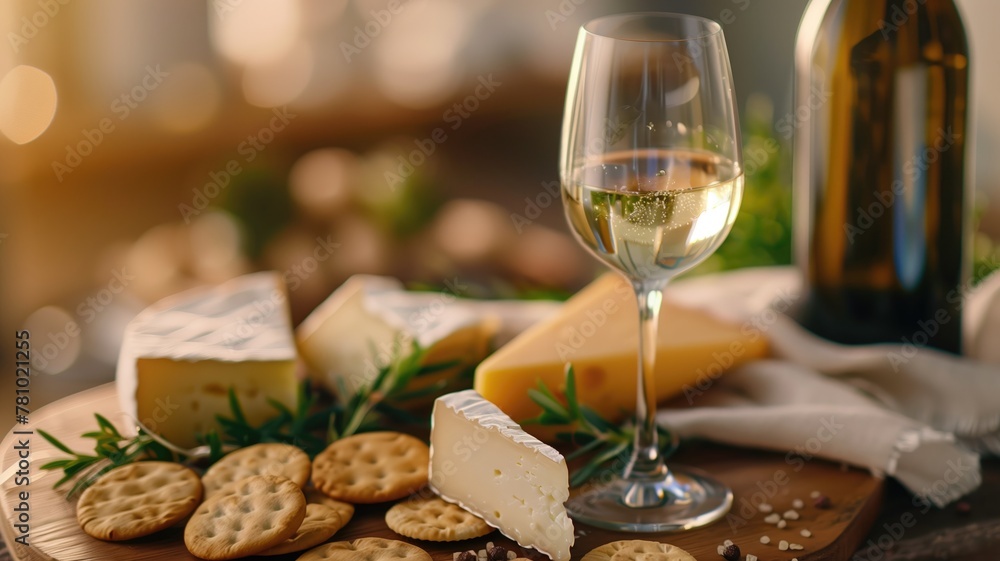 Cheese assortment with crackers and glass of white wine, illuminated by soft, warm light