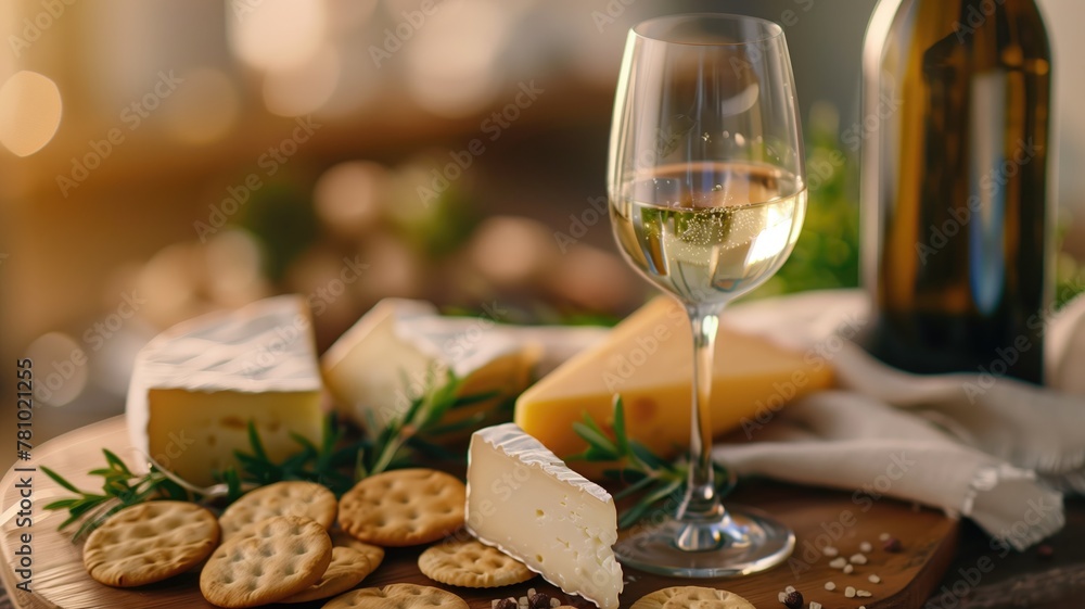 Cheese assortment with crackers and glass of white wine, illuminated by soft, warm light Cheese assortment with crackers and glass of white wine, illuminated by soft, warm light