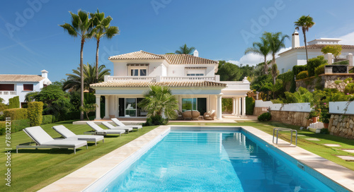 A beautiful  luxurious villa in Marbella with an outdoor pool and palm trees against a background of blue sky.