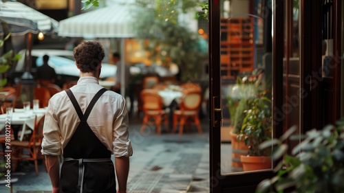 Person with suspenders stands outside cozy cafe seating area
