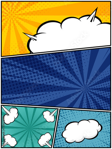 colorful comic book, pop art cartoon layout template halftone dotted background
