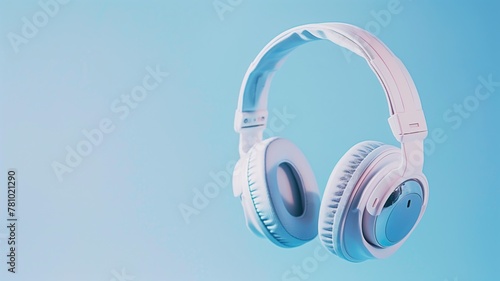 Pair of white headphones against blue background, floating in air with modern and sleek design photo