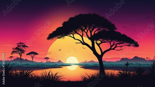 Simple landscape with dark silhouette of a Captivating Sunset with Palm Tree and Reflective Lake on a colorful gradient background