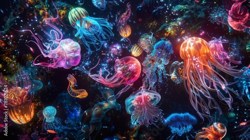 Fantastical creatures of the deep shine in a kaleidoscope of colors against a backdrop of midnight black.