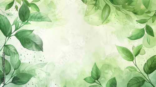 Abstract background with green leaves and watercolor paint in a soft light