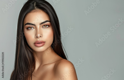 A beautiful woman with long, straight hair is posing for the camera. She has smooth and shiny brown hair that cascades down her back in one sleek line