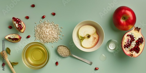 Minimalist composition with a bowl of fruit and a jar of honey on a pastel green background. photo