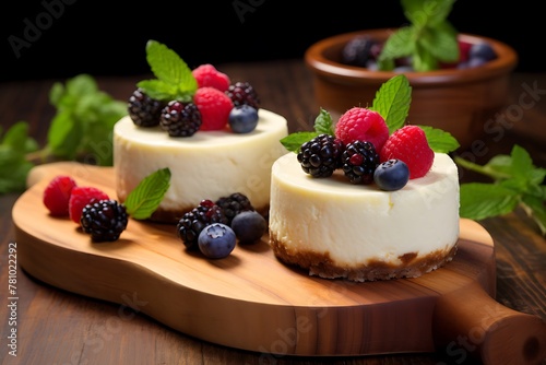 Cheesecake with fresh berries on a wooden board